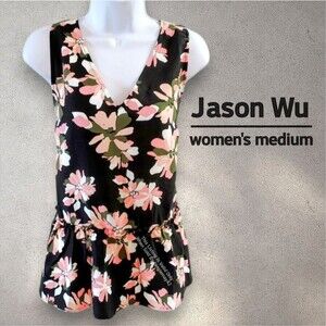Jason Wu Women's Medium Black Pink Floral Sleeveless Peplum Blouse Top NWOT